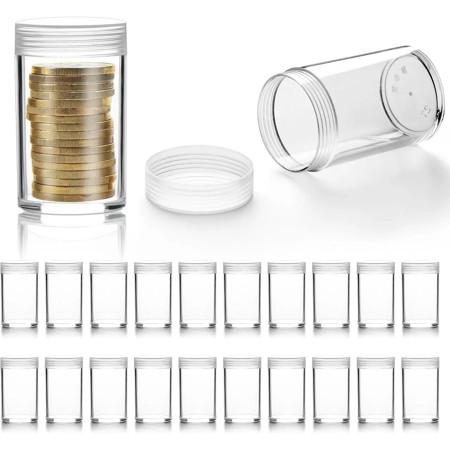 20 count Plastic  Storage Tubes with Screw  2.2 X 1.06 Inch | Quarter  Tubes, Round Clear  Tubes, with Shock Protection Sponge Pads,  Collection Supplies