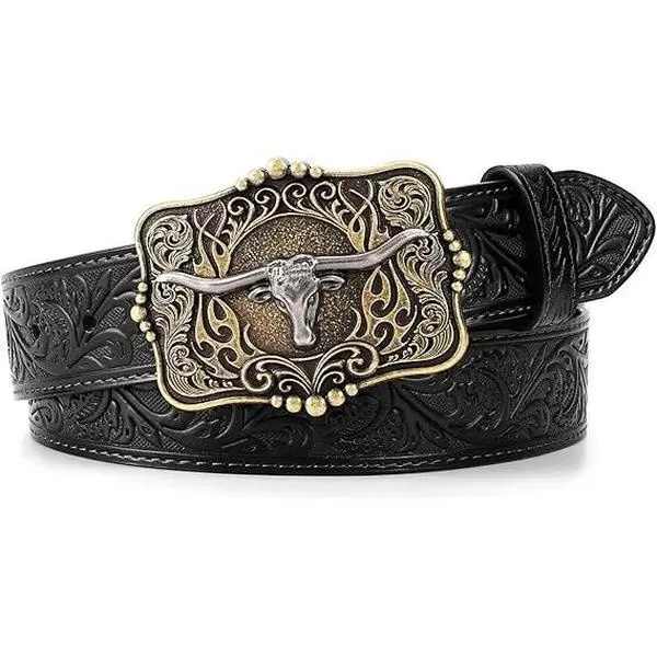Unisex Vintage Western Cowboy Belt, Two-Tone Gold & Silver Longhorn Buckle with Ornate Scrollwork, Black Floral Tooled Leather for Men & Women Rodeo & Daily Wear