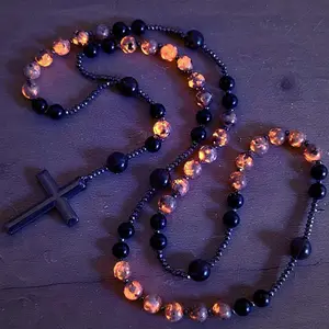 Natural Obsidian Yooperlite Rosary Necklace, UV Reactive Glow Cross Pendant Necklace, Hematite Stone Beaded Protection Necklace, Unisex Jewelry Gift for Her and Him