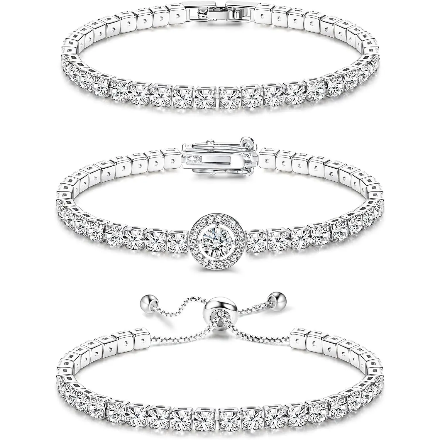 Tennis Bracelets For Women -  Plated Bracelet Stack Cubic Zirconia CZ  Adjustable Stackable Bracelets Set For Prom Wedding   3 count