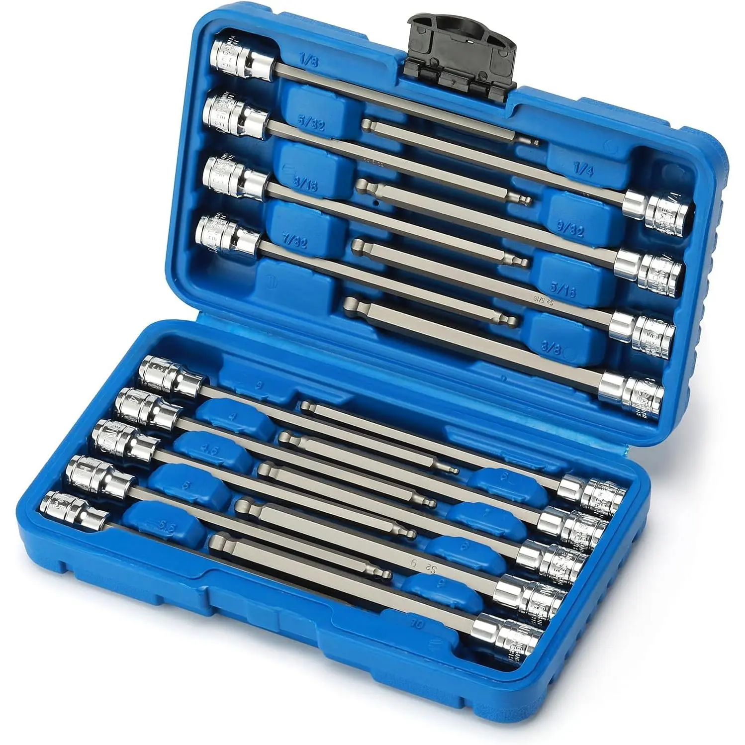 3/8"Drive Extra Long Ball-End Hex Bit Socket Set, 18 Piece Allen Socket Set, Metric & SAE, 3mm to 10mm, 1/8" to 3/8", CR-V and S2 Steel