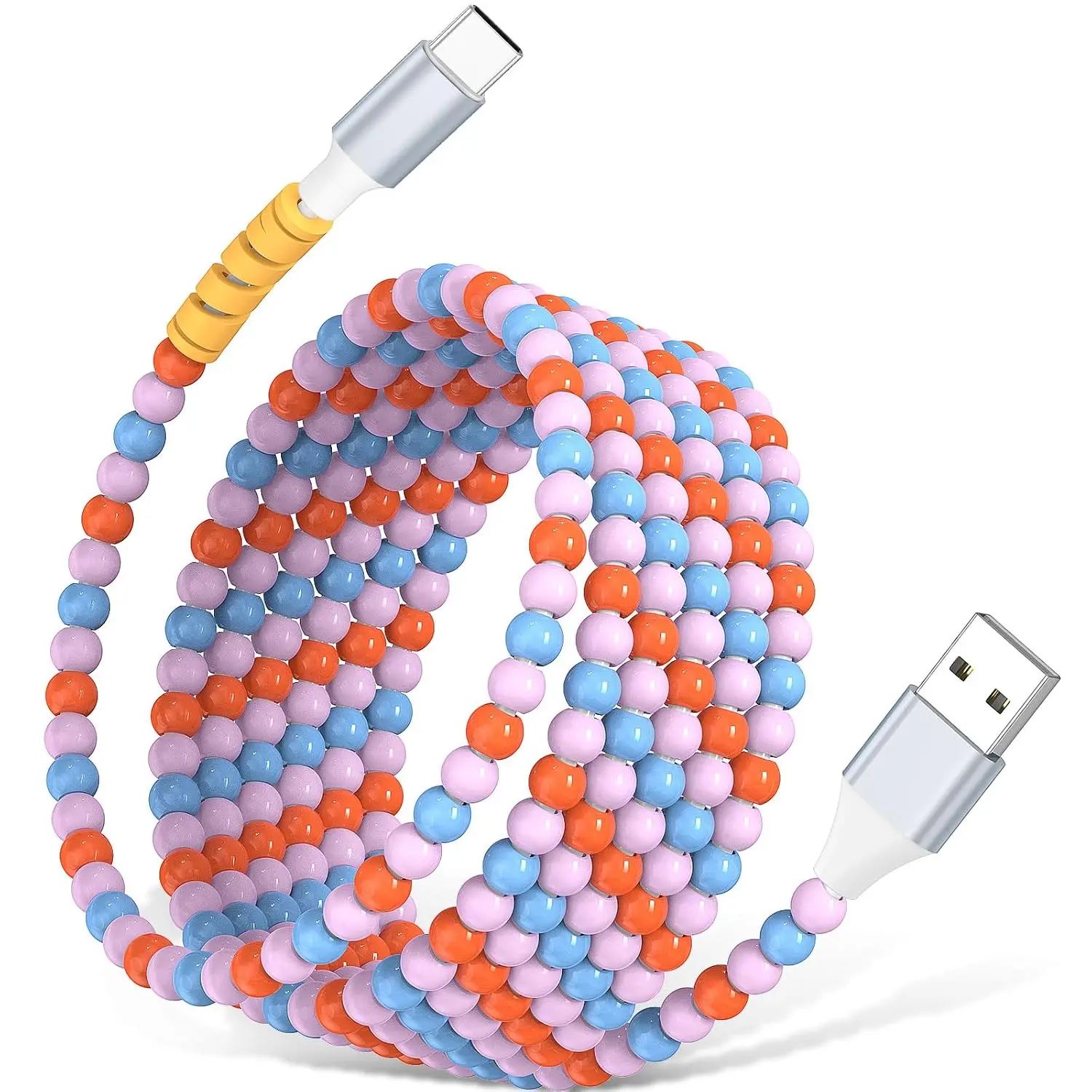 USB A to USB C  6ft Beaded Charger Cord for    | Cute  Charger Type C  Cord for   17 16 Pro 15/ S26 S25 S24/Android Phone Girls Women,Blue-Orange