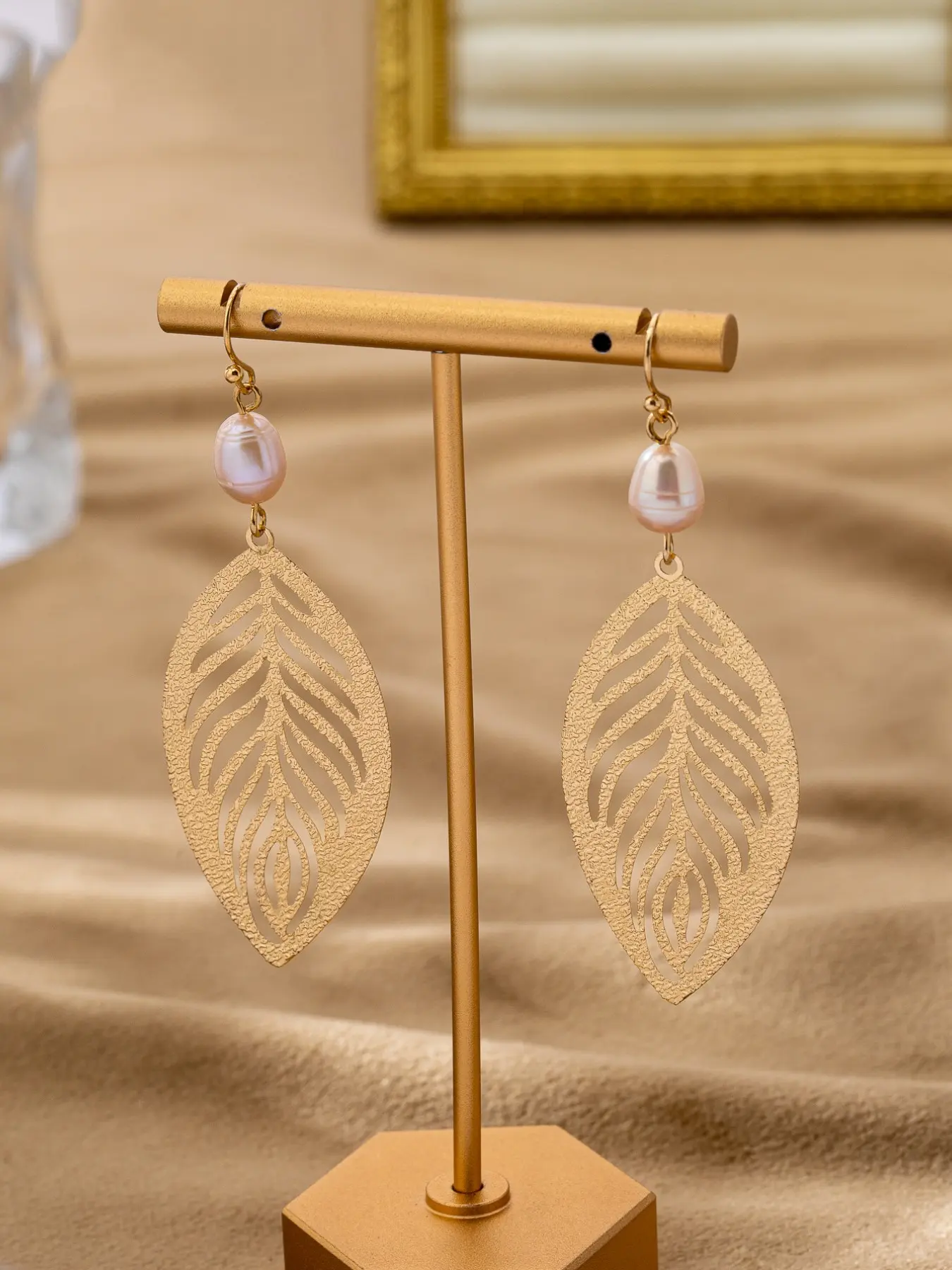Elegant Leaf Design Earrings with Pearl Hooks, Long Drop Style for Face Shape Enhancement, Perfect for Vacations and Dates