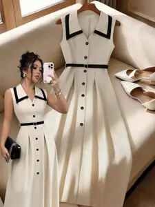Colorblock Lapel Sleeveless Midi Dress, Front Button Waist Cinch Belt A-Line Commuter Skirt, Casual Slim-Fitting Plain Surface Unlined Dress