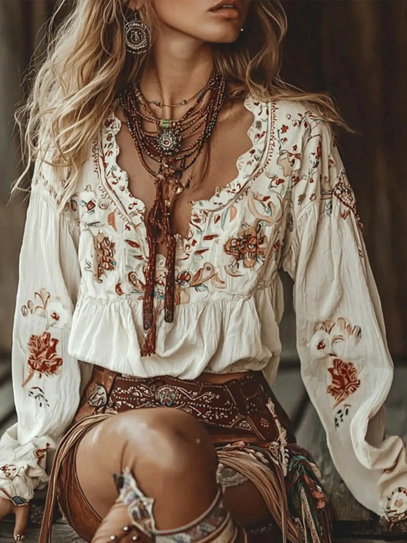 Women's Long Sleeve Boho Blouse, Floral Embroidery Scalloped V Neck, Slim-Fitting Peplum Waist, Breathable Woven Fabric, Spring & Fall
