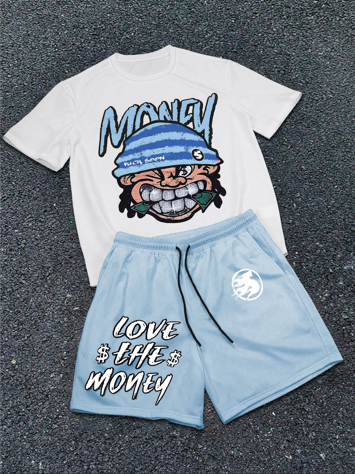 Two-Piece Set Men's Cartoon Face Print Short Sleeve Tee & Boxer Briefs Set, Regular Fit Casual Round Neck T-shirt & Shorts, Men's Summer Clothes, Casual Outfit Set, Casual Fashion Set, Casual Streetwear Set