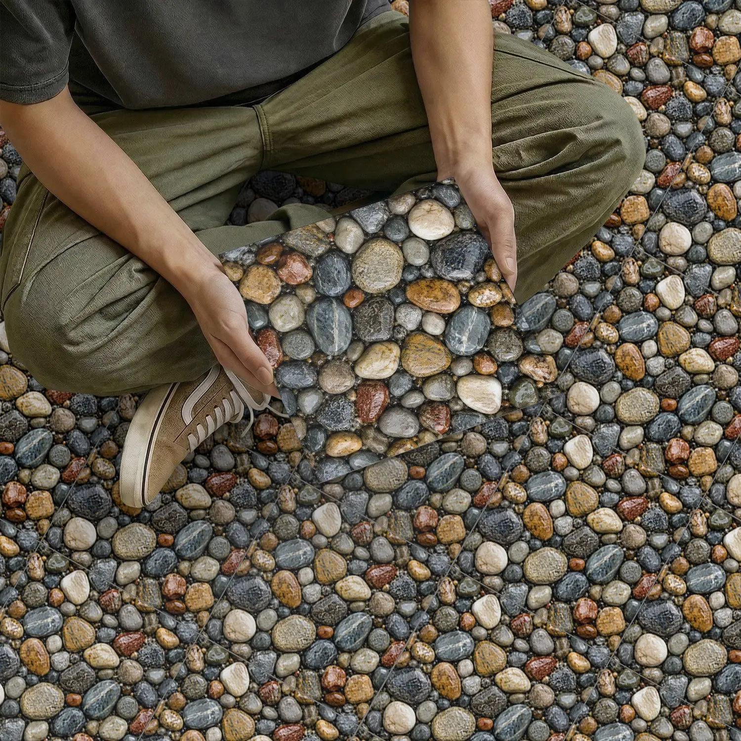 8/12 Pcs Realistic River Stone Pattern Self-Adhesive Floor Stickers, Non-Slip Durable, Seamless Installation, Easy Peel & Stick, Natural Home Flooring
