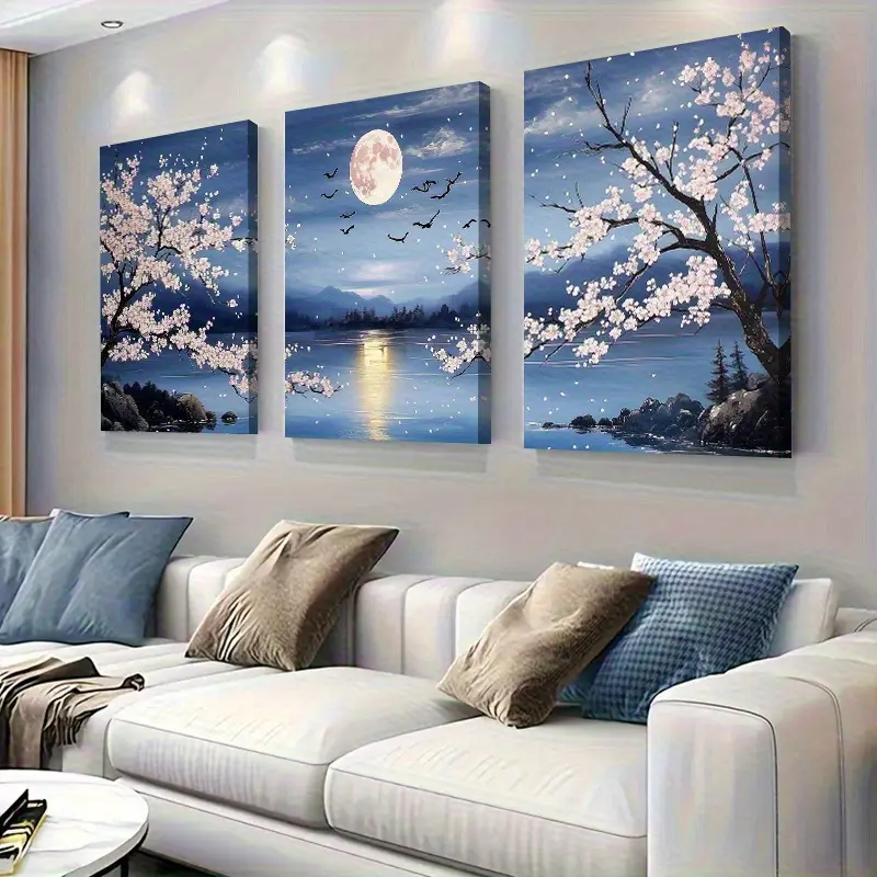 3-Piece Framed Cherry Blossom & Moonlit Scene Canvas Wall Painting Set - Decorative, Ready to Hang, Living Room Home Decor - Housewarming Gift Idea, Scenic View