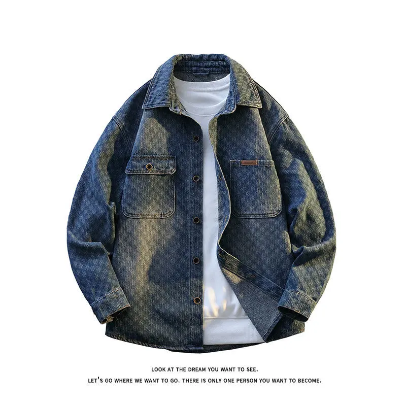 Men's Cotton Denim Shirt Jacket Heavy Washed Vintage Button Down Outerwear Rugged Streetwear Classic Lapel Collar Workwear Shacket Coat Long Sleeve Dual Pocket Design Casual Everyday Layering Piece Trendy Men's Fashion Retro Loose Fit Silhouette Clothes