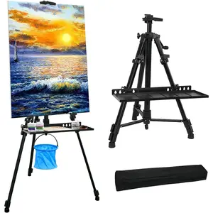 20" to 61" Adjustable Aluminum Art Easel Stand, Folding Tripod for Canvas Painting & Art Display, with Portable Carry Bag & Painting Apron (Black)