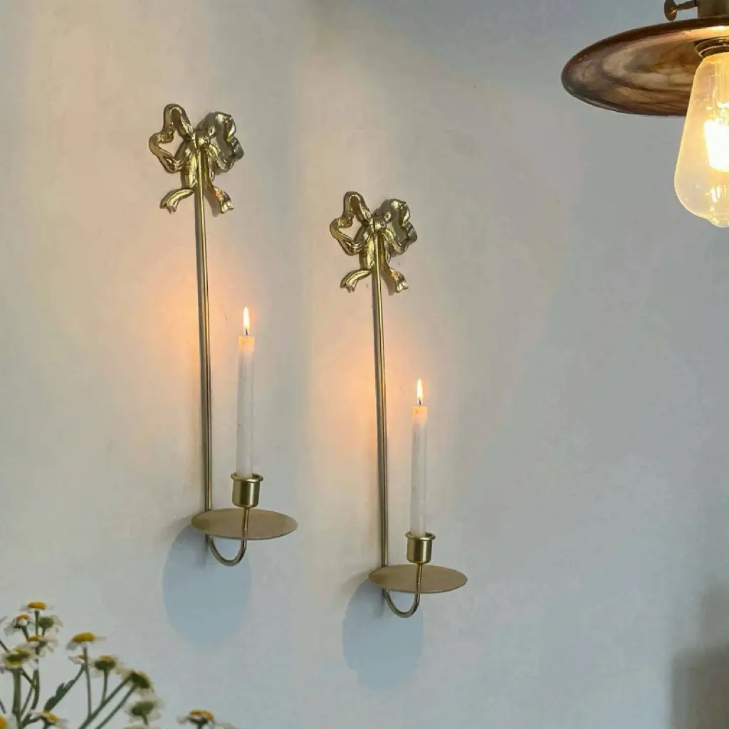 Vintage Rustic Bow Iron Wall Hanging Decor, Candle Holder Wall Art, Home Restaurant Wall Decoration, Retro Style Ornament
