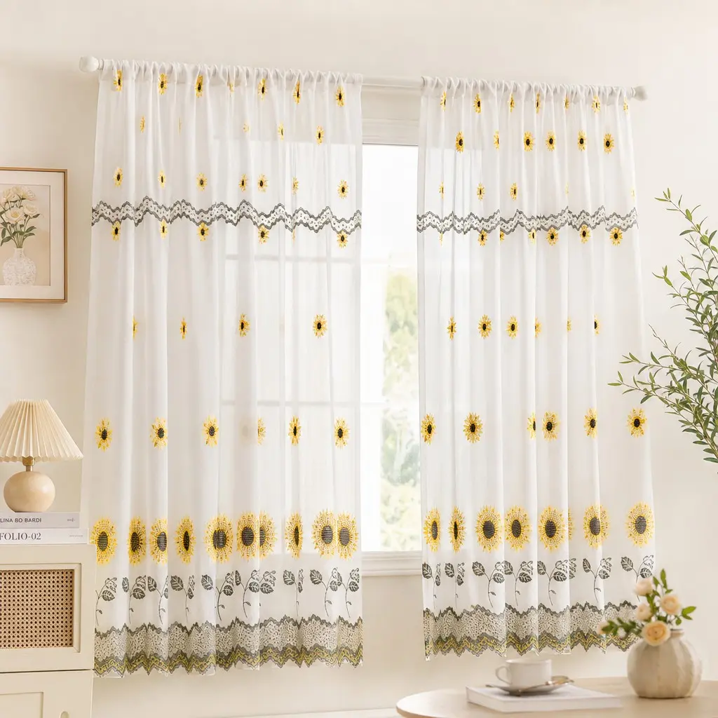 2-Pack Sunflower Semi-Transparent Curtains, Curtain Panels, Elegant Floral Window Decor, Durable Lightweight Material, Ideal for Home Decoration