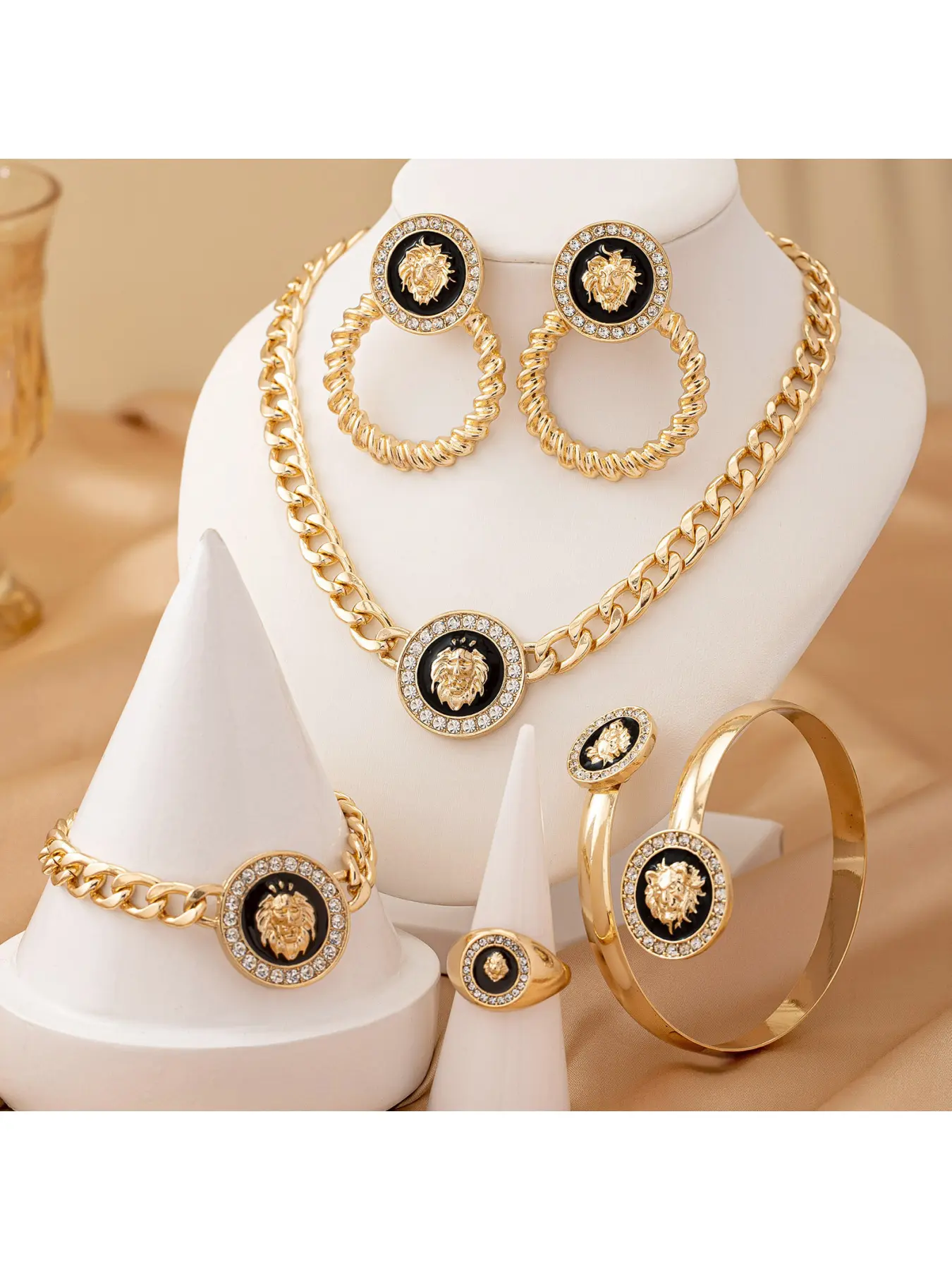 Creative Fashion Lion Head Jewelry Set Women's Ring Bracelet Earrings Necklace for Party Banquet Accessories
