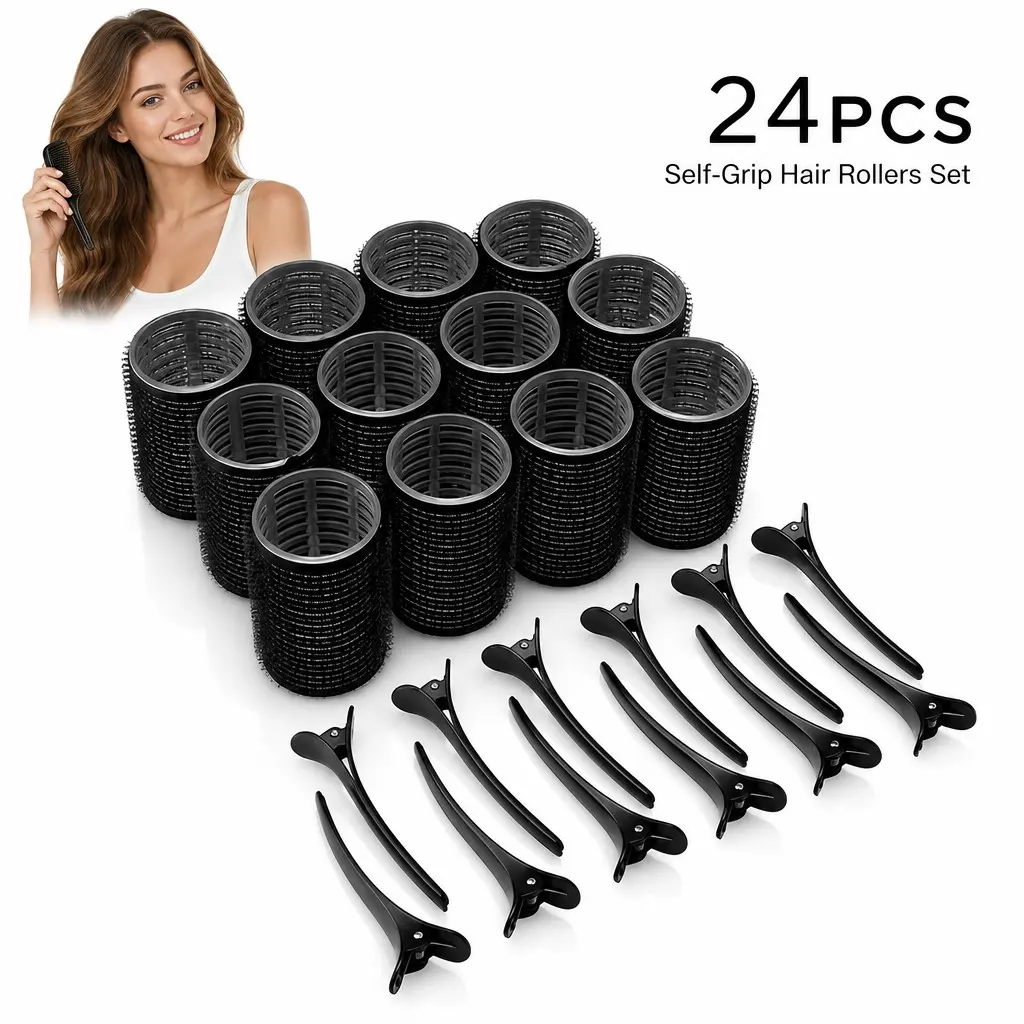 24-Piece Hair Styling Kit, 12 Self-Adhesive Curlers + 12 Clips + Pocket Comb, No Heat Curls, Heatless Styling, Volume Curlers for Root Lifting, Bangs, Waves, Curls