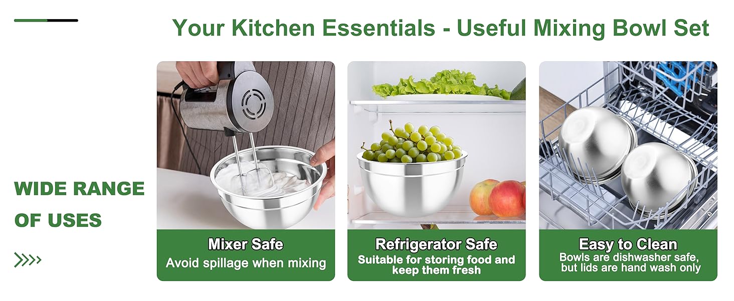 Mixing Bowls with Airtight Lids, 5PCS Stainless Steel Metal Salad Bowl with 3 Grater Attachments, for Cooking, Prepping, Serving, Healthy & Easy Clean - 0.7/1/1.5/2.6/4.6QT, Khaki