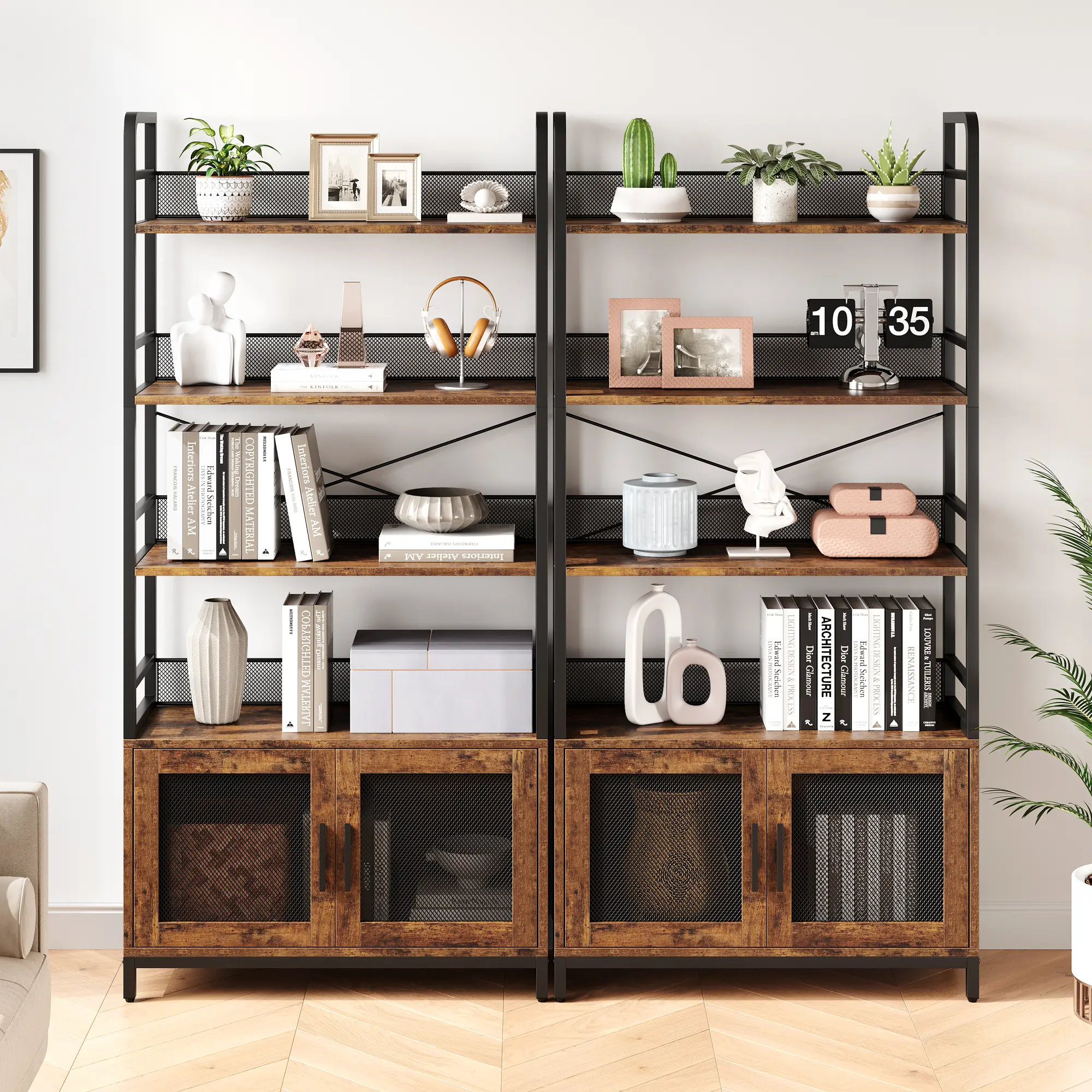 Garvee Industrial Farmhouse 4-Tier Bookcase with Doors, 70.87" Tall Freestanding Bookshelf, Open Storage Shelves, Rustic Display Cabinet for Living Room, Bedroom, Home Office, Brown