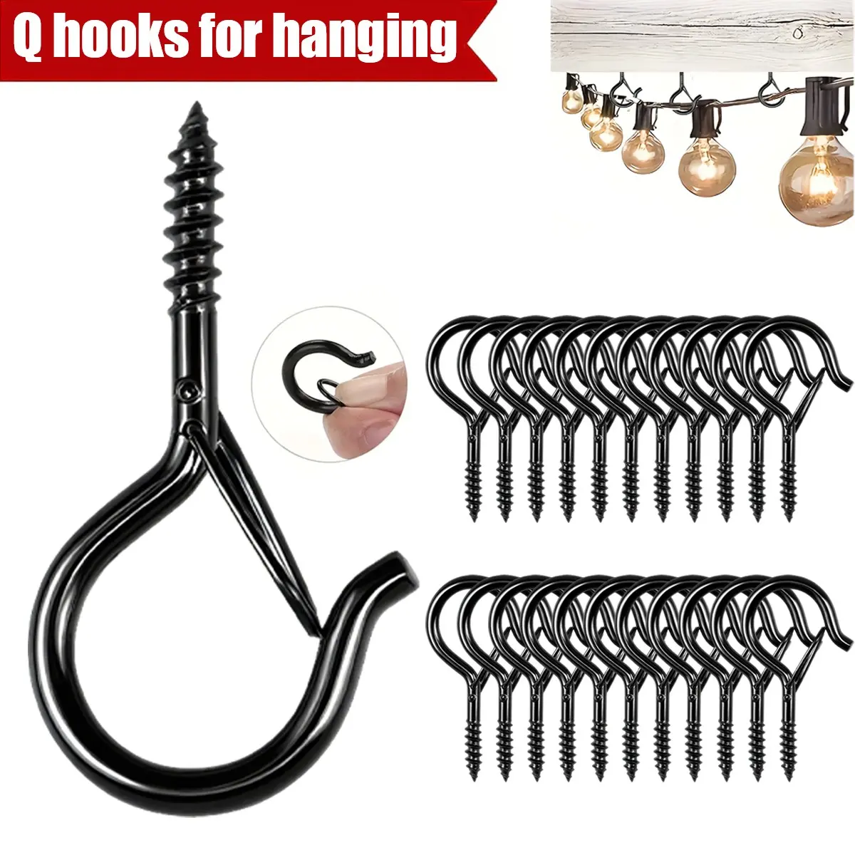 Small Metal Q-Shape Hook with Safety Lock, Wall Mount Hook for Plants, Lamps, Bird Feeders, Multi-Purpose Indoor Outdoor Use
