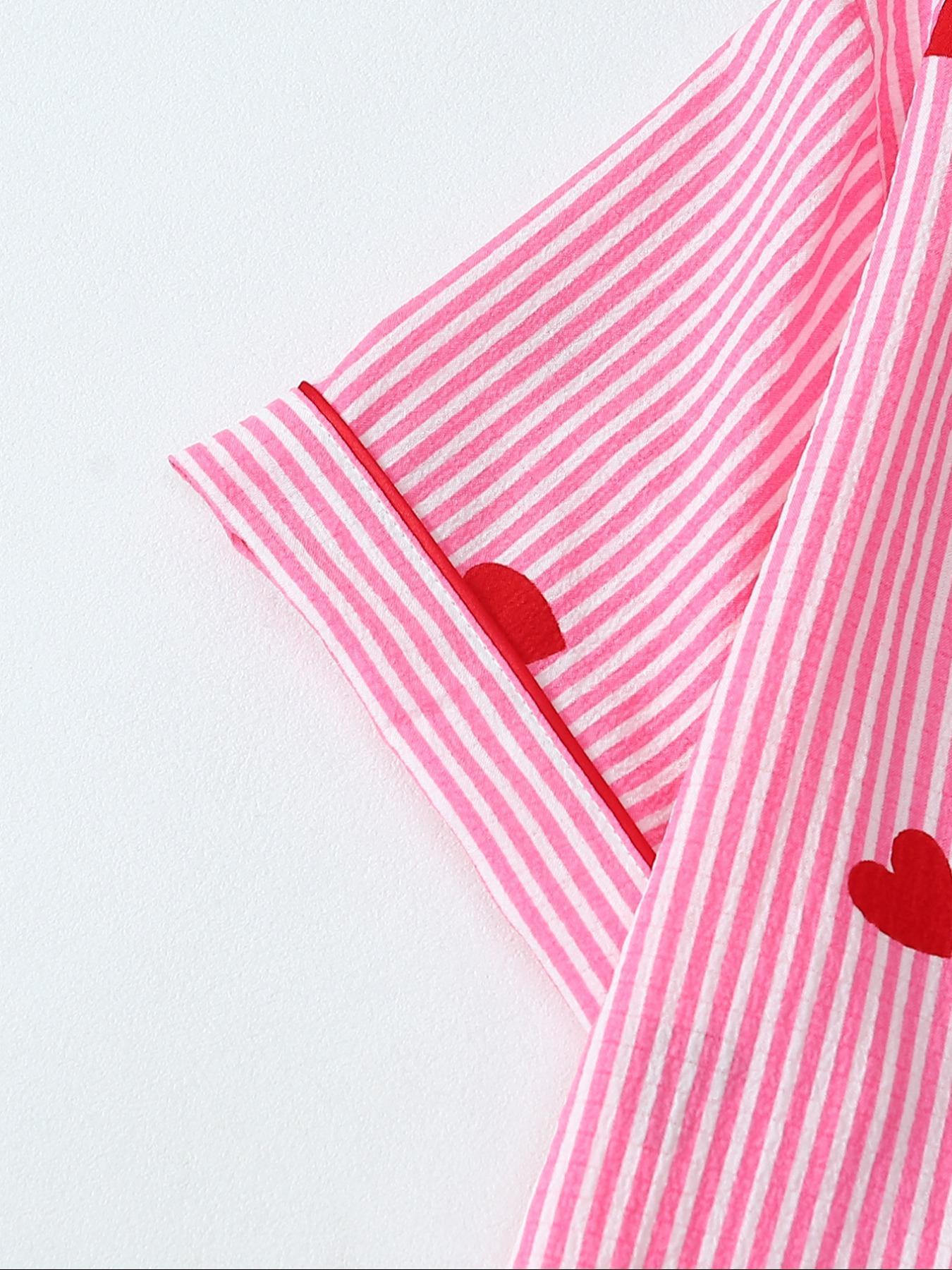Women's Heart Print Short Sleeve Pajama, Casual Comfy Striped Print Lapel Neck Pocket Shirt & Pants PJ Set, Ladies Sleepwear for All Seasons, Loungewear, Pajamas Lounge Set