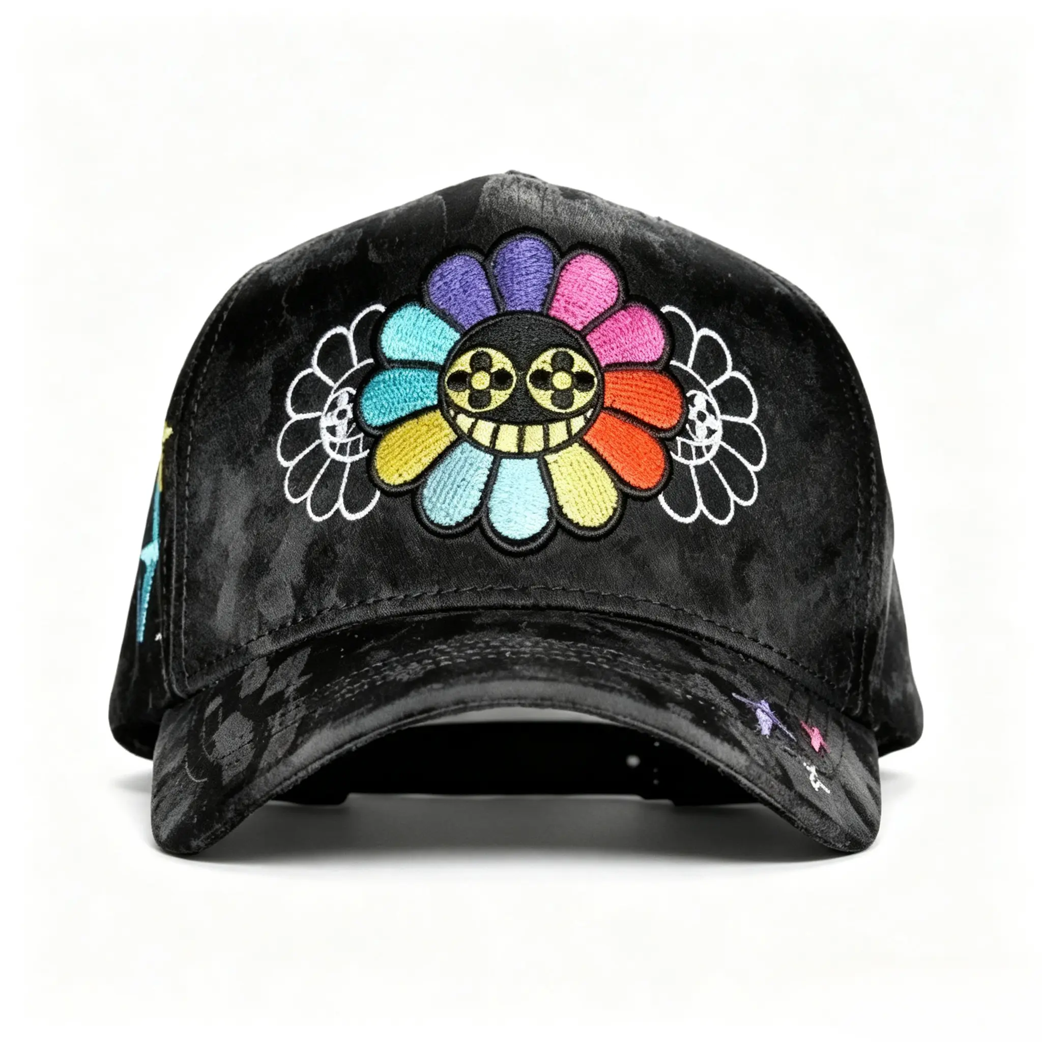 Rainbow Smiley Sunflower 3D Embroidery Baseball Cap Black Dark Camo Adjustable Snapback Harajuku Streetwear Y2K Unisex Casual Sun Protection Hat