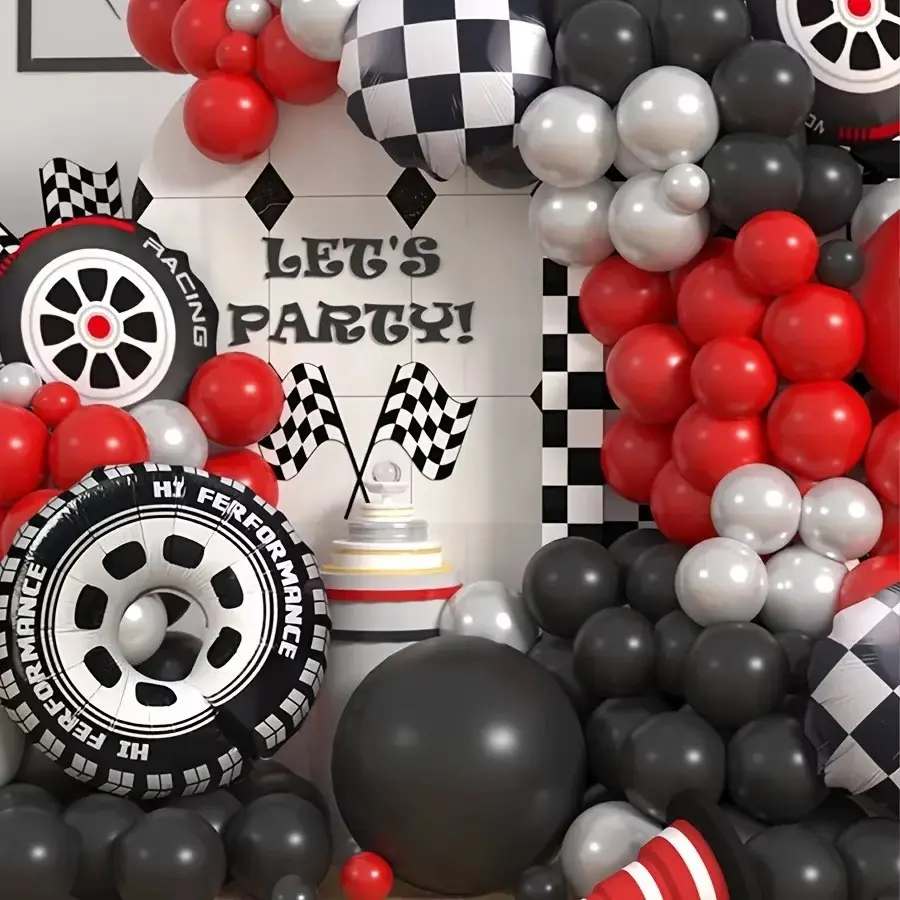 109 Piece Racing Theme Birthday Balloon Garland Set, Checkered Balloons, Tire Foil Aluminum Balloons, Birthday Party Decorations, Perfect for Kids Parties