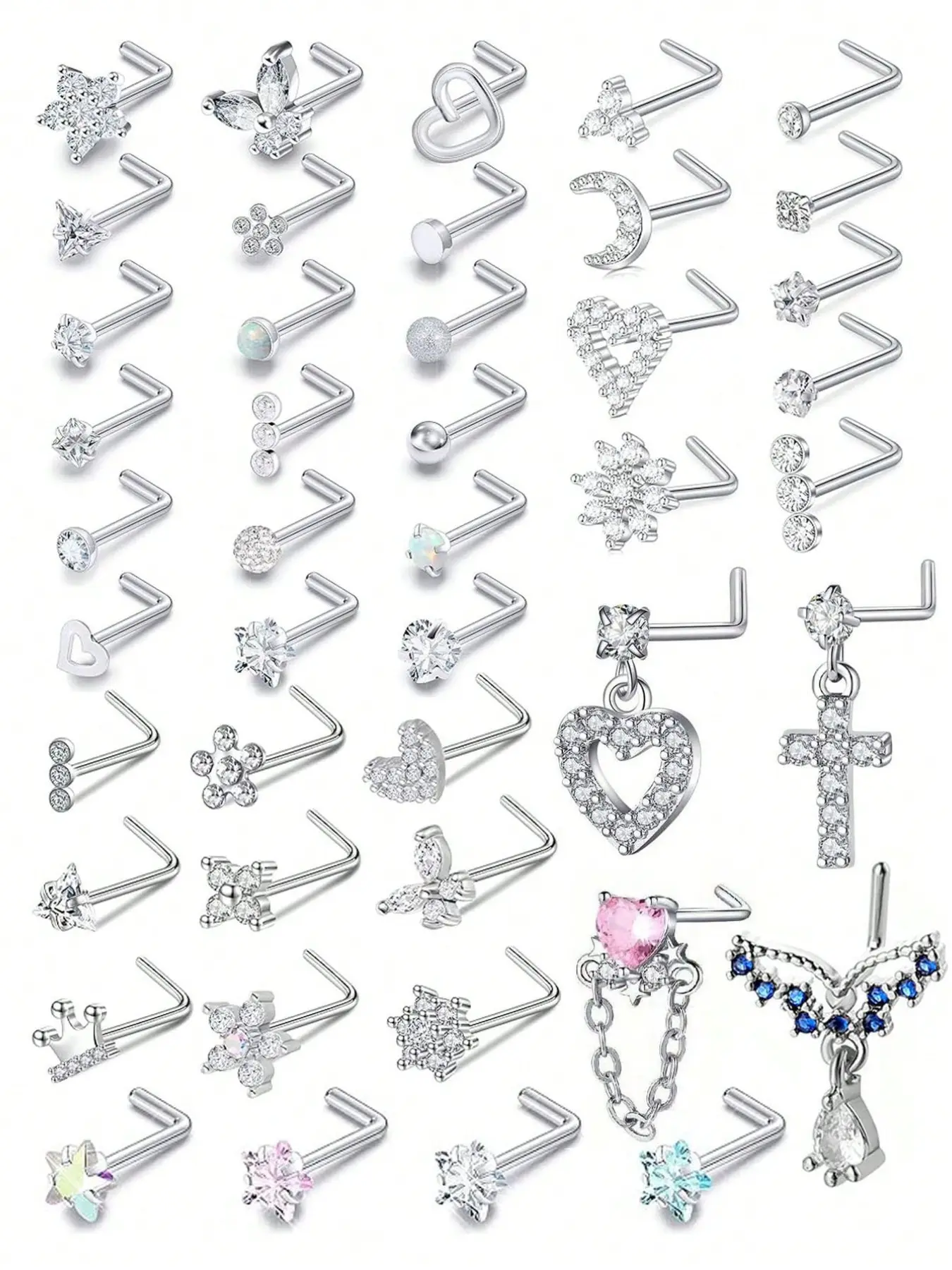 8-44pcs/set Multiple Styles 20g Nose Rings & Earrings, Body Piercing Jewelry, Medical Steel Nose Studs, Rhinestone Accents, Cz Flower, Straight & L-Shaped, 6.5mm Assorted Set