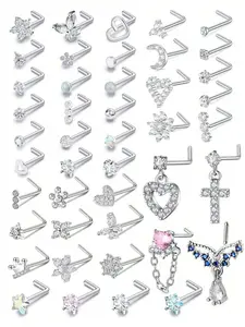 8-44pcs/set Multiple Styles 20g Nose Rings & Earrings, Medical Steel Nose Studs, Rhinestone Accents, Cz Flower, Straight & L-Shaped, 6.5mm Assorted Set
