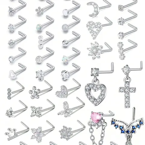 8-44pcs/set Multiple Styles 20g Nose Rings & Earrings, Body Piercing Jewelry, Medical Steel Nose Studs, Rhinestone Accents, Cz Flower, Straight & L-Shaped, 6.5mm Assorted Set