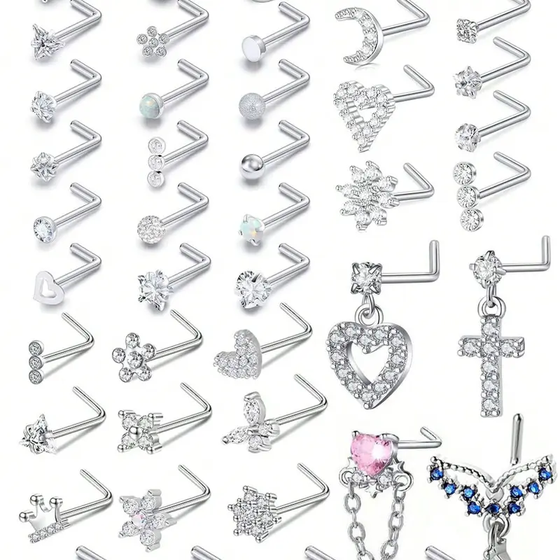 8-44pcs/set Multiple Styles 20g Nose Rings & Earrings, Body Piercing Jewelry, Medical Steel Nose Studs, Rhinestone Accents, Cz Flower, Straight & L-Shaped, 6.5mm Assorted Set