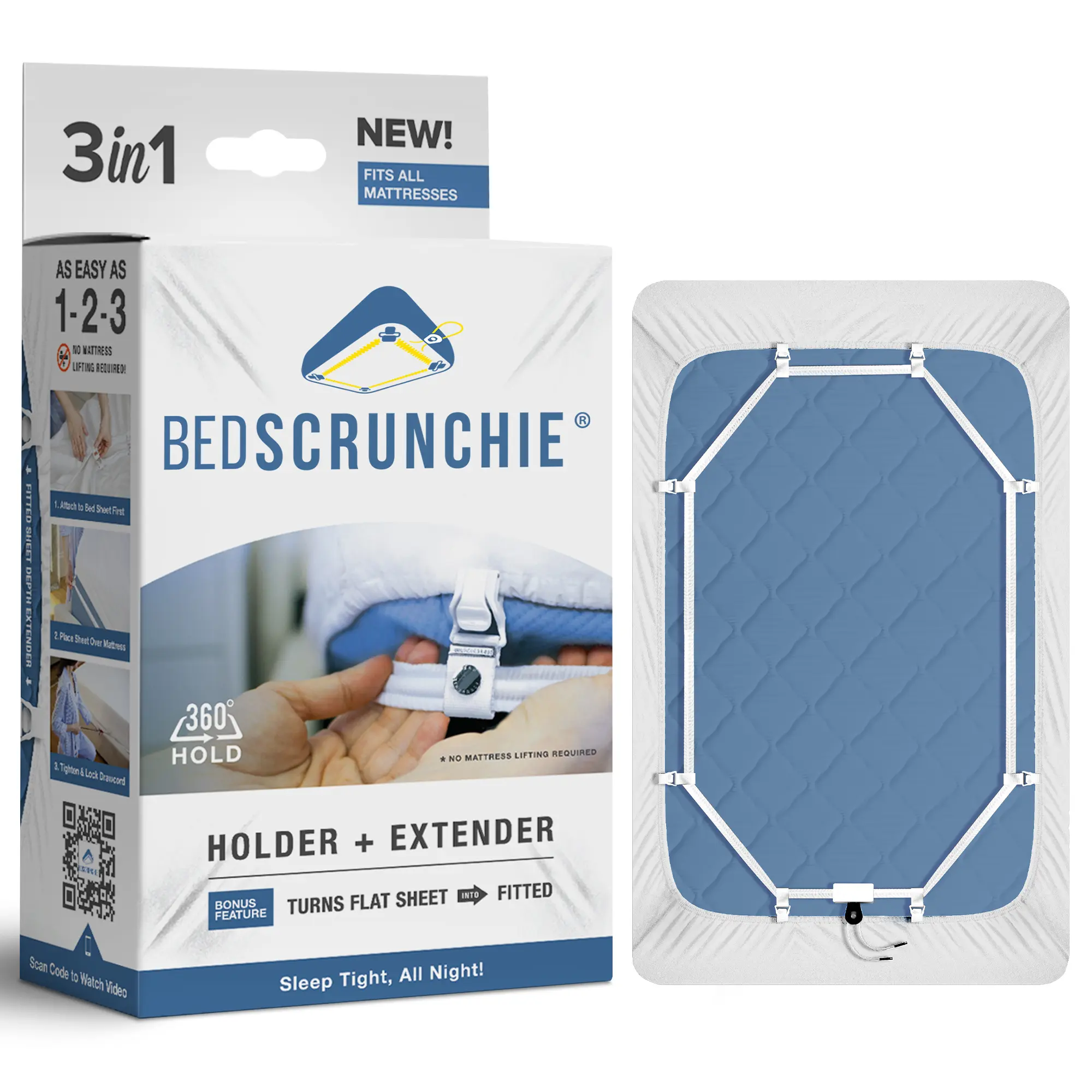 Bed Scrunchie US Patented 360° Bed Sheet Fastener, Adjustable Fitted Sheet Holder with Strong Elastic Straps, Reinforced Tightening Cord & Durable Clips for All Mattress Sizes