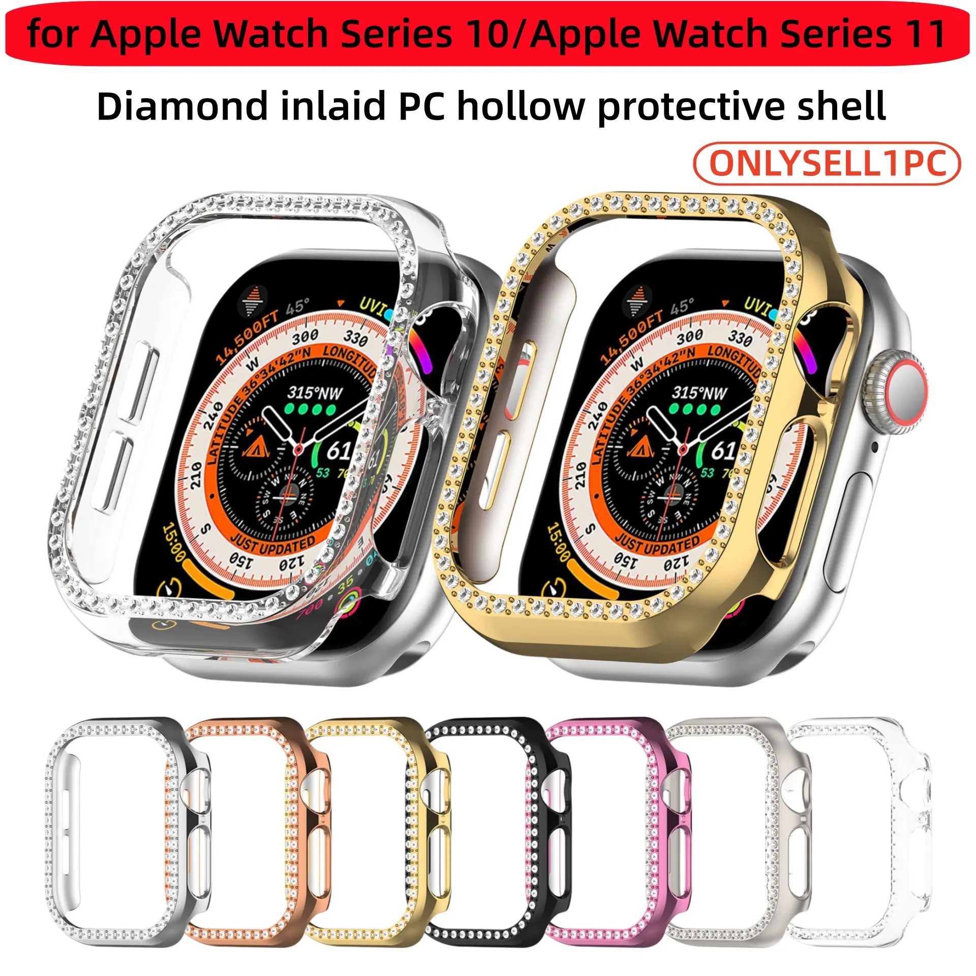 Durable Apple Watch Screen Protector, Single Row Rhinestone Design, Fits Iapwatch Series 11/applewatch 10, 45mm-41mm Front Shell Protection