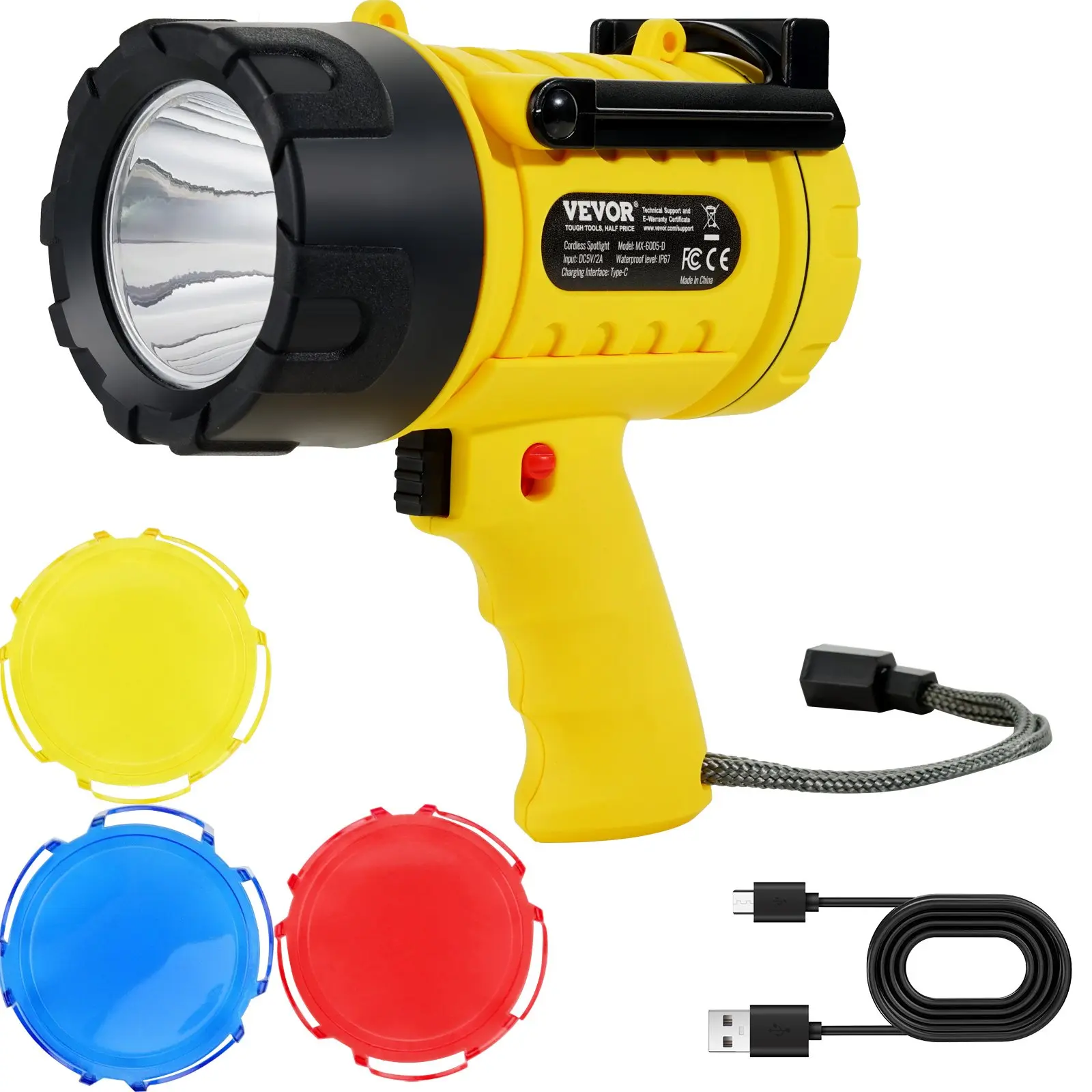 【DealsForYouDays】VEVOR Rechargeable Spotlight Flashlight, 1000, 000 Lumens, IP67 Waterproof Handheld LED Spot Light, Super Bright Portable Searchlight with 4 Modes Detachable Lens USB Port, for Hunting Boating Camping