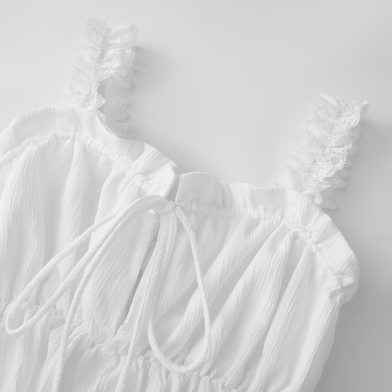 Women's Elegant White Tiered Cami Long Dress Lace Trim Ruffle Flowy Maxi Sundress Sleeveless A-Line High Waist Summer Dress