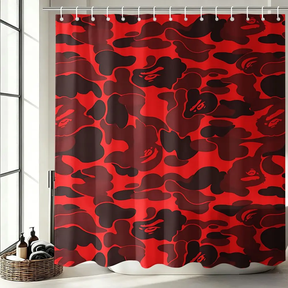 Streetwear Style Red Camo Shower Curtain, Vibrant Digital Print Bath Curtain, Decorative Shower Curtain, Perfect for Modern Bathroom Decor, Trendy Room Partitioning and Aesthetic Vibes (Hooks Included). Waterproof, Fade-Resistant, Easy Care.