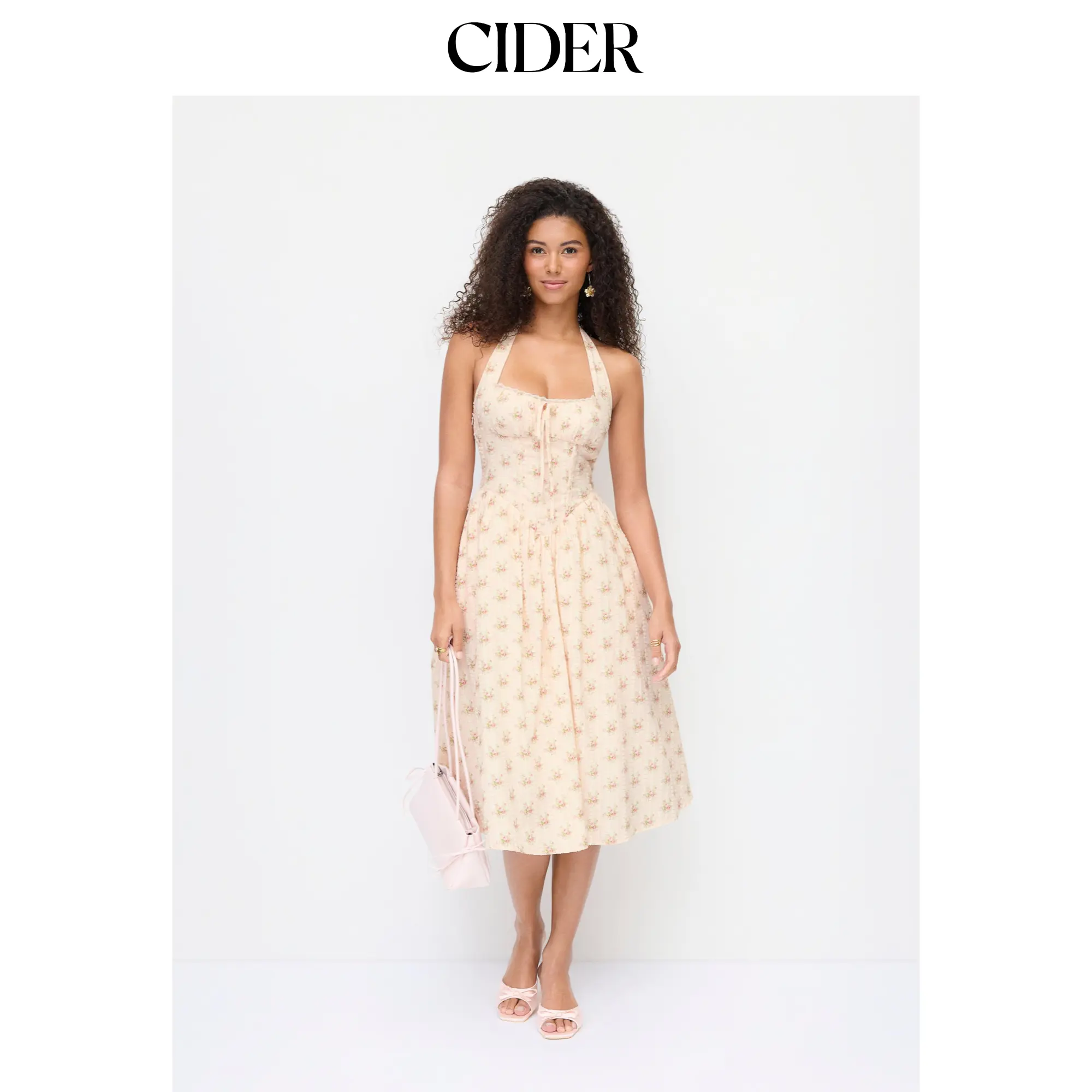 Cider Cotton-blend Halter Neckline Ditsy Floral Shirred Milkmaid Midi Dresses