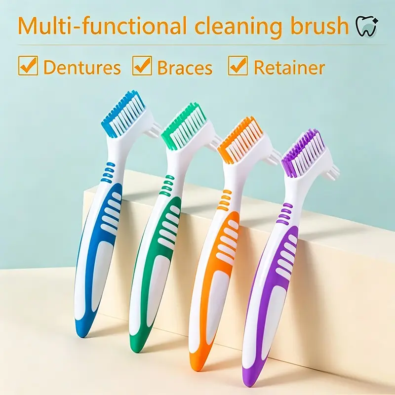 4pcs Portable Compact Denture Brushes, Multi-Layer Bristles, Ergonomic Grip, Premium Hard Bristle, 4 Colors, Ideal for Cleaning