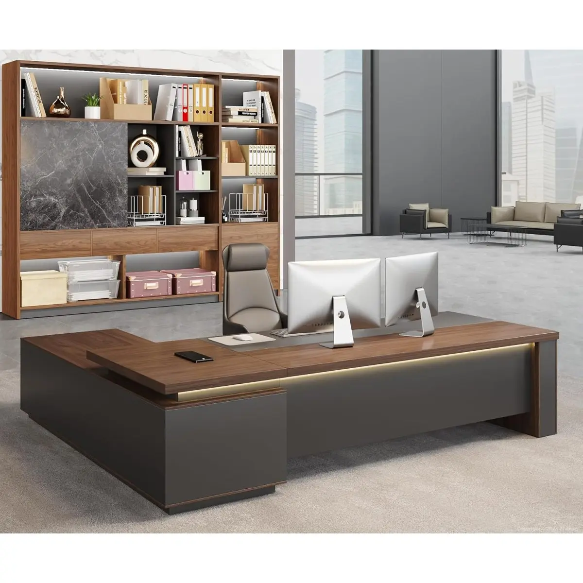 63" Reversible L-Shaped Executive Office Desk - Modern Commercial Home Office Workstation with Drawers, Open Shelves, Integrated LED Lighting, Front Privacy Panel, 3-in-1 Charging Station, Storage, Easy Assembly (63"L×63"W×30"H, Red Walnut-Iron Gray)