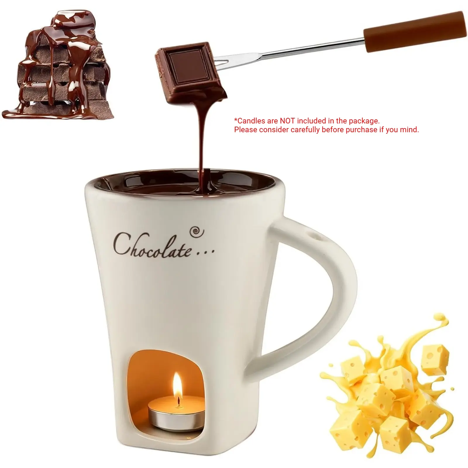 White Portable Mini Chocolate Fondue Mug Set, No‑Tealight Melting Cups With Dipping Forks, Christmas Gifts, Compact Fondue Kit, Romantic Gift Choice for Date Night, Birthday and Wedding Presents