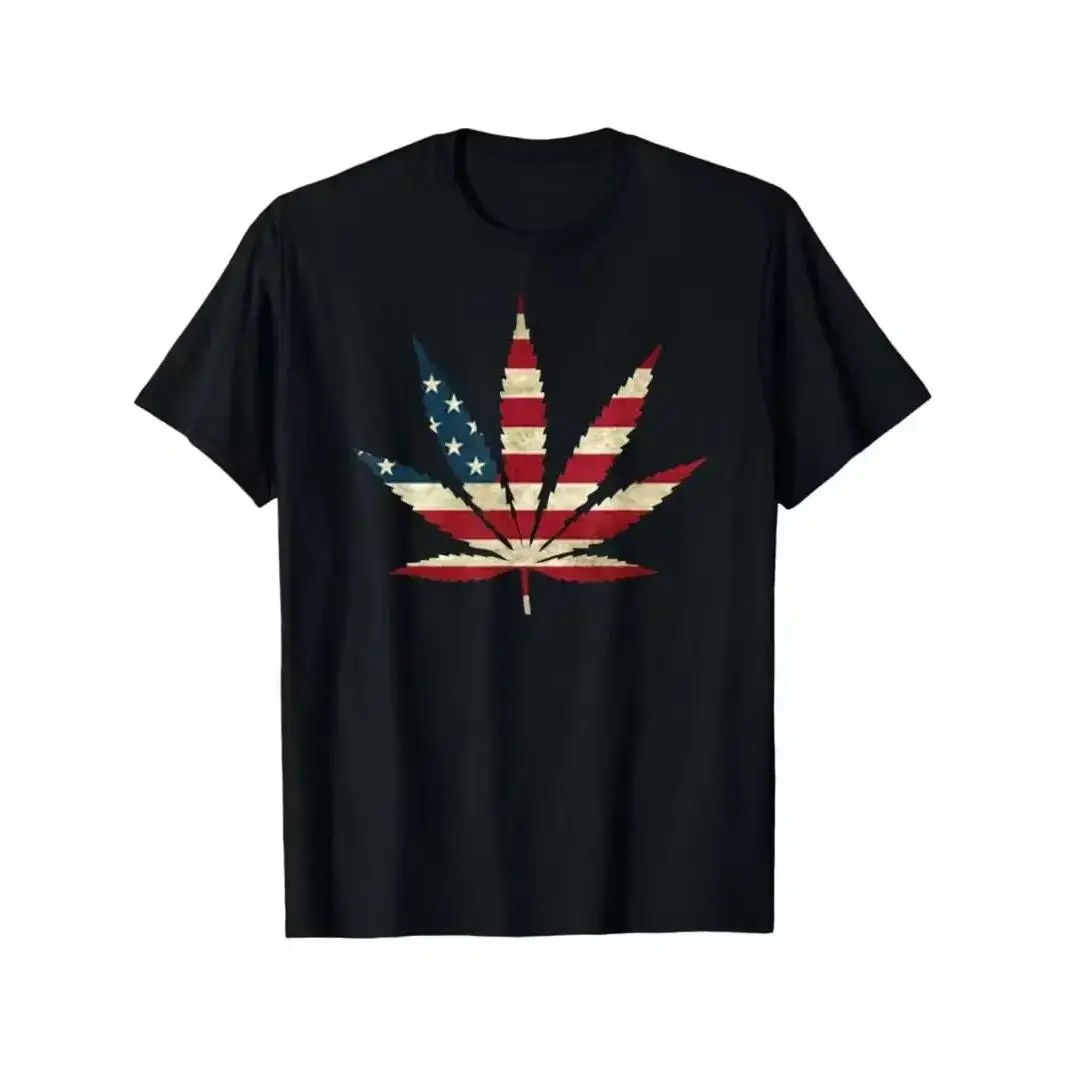 Men's Vintage Graphic T-Shirt, Soft 100% Cotton Tee with Distressed American Flag Cannabis Leaf Print, Relaxed Fit Shortsleeve, Casual, Classic, Menswear, Cold Machine Wash, Distressed Print, Streetwear, Screen Print