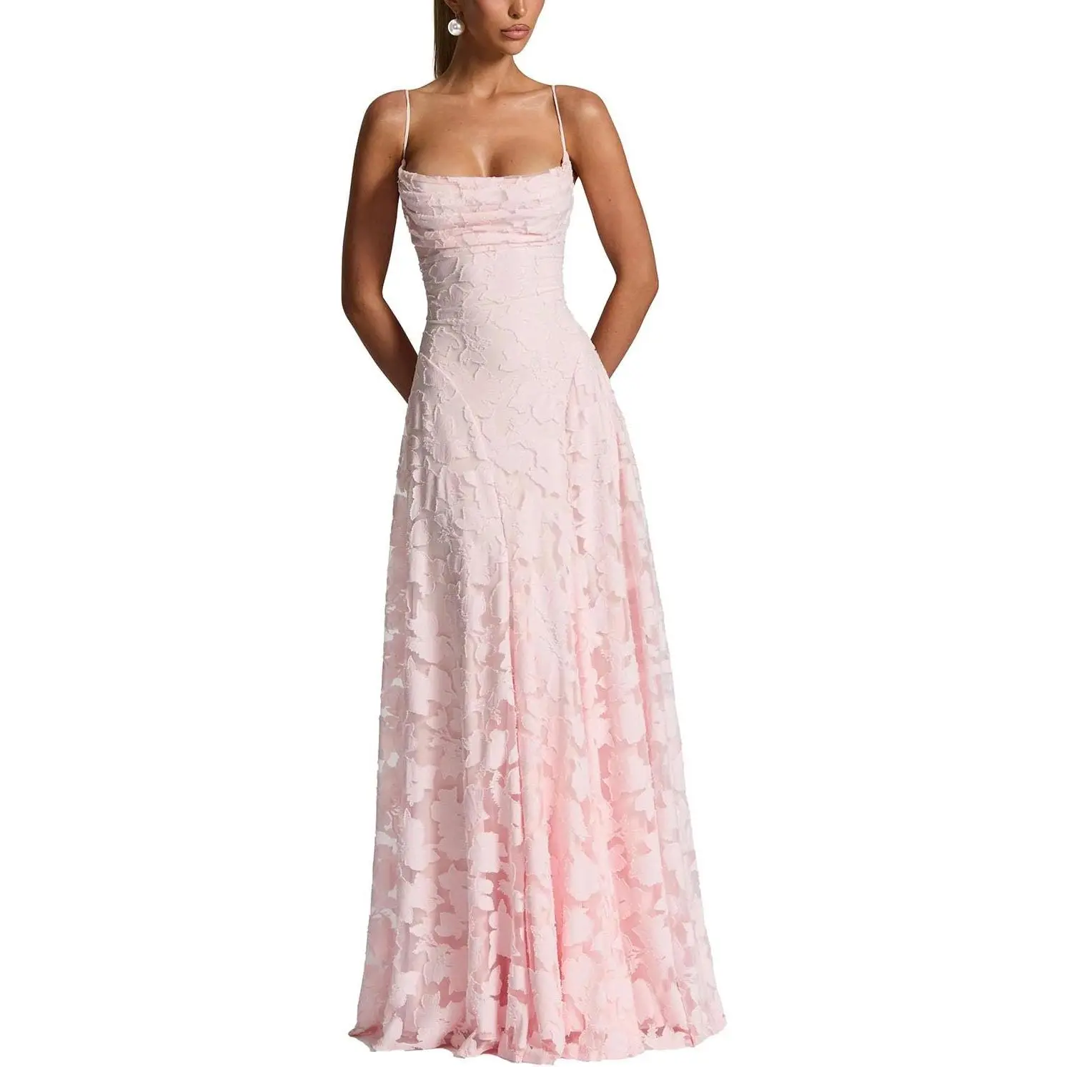 Women's Floral Bridesmaid Maxi Dresses Lace Spaghetti Strap Cowl Neck Backless Prom A Line Fomal Dress