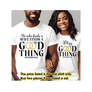 MONO LABEL [100% Cotton] Buy Two Matching Couple T-Shirts - 'He Who Finds a Wife Finds a Good Thing' & 'Mrs. Good Thing' - His & Hers Valentine's Day unisex Casual Round Neck Tees, Black with White Text & Ring Graphic top