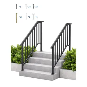 1/2 Pack Adjustable Wrought Iron Stair Handrail Kit - Outdoor & Indoor 2/3/4-Step Railing with Balusters, Easy Install for Concrete, Porch, Deck & Wooden Stairs, Black
