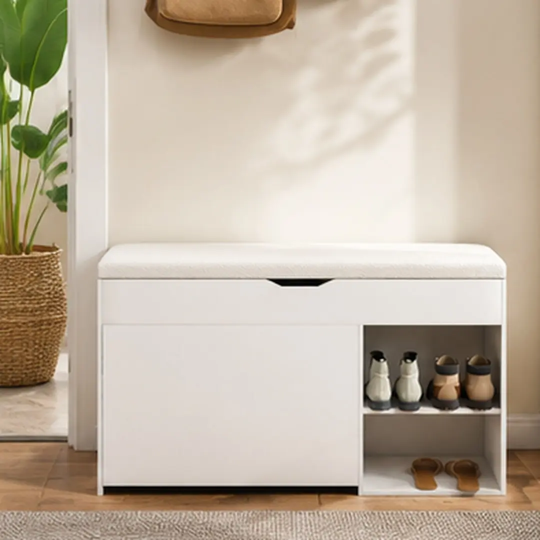 ARCH White MDF Modern Entryway Bench - Non-Slip, Upholstered, Furniture-Style Storage Bench with Adjustable 3-Tier Flip-Up Drawers, Hidden Cabinet, Space-Saving Organizer for Hallway, Living Room (39.4x11.8x20.5 in), Non-Slip Storage Benches, Upholstered
