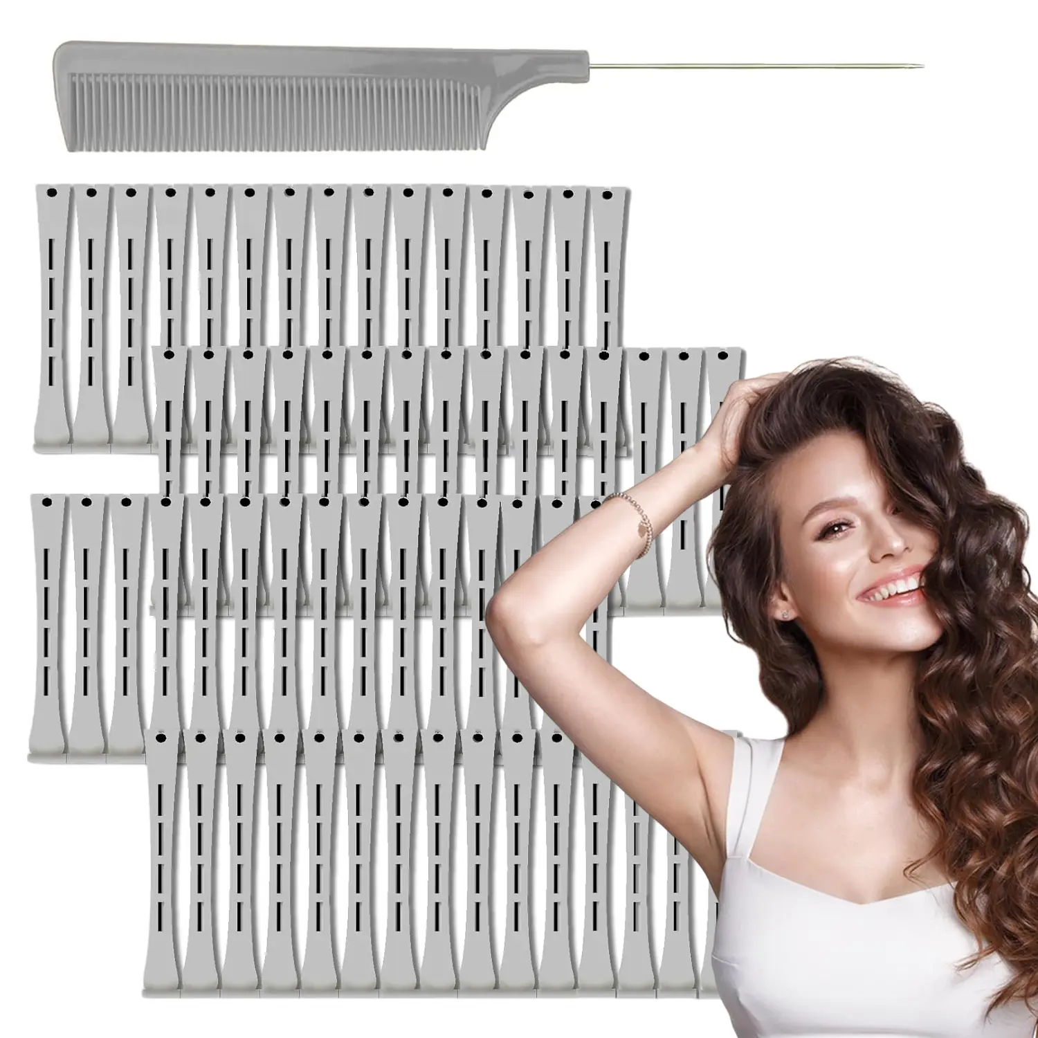 60 Pcs Plastic Cold Wave Perm Rods 1.5cm/0.59 Inch Grey Hair Curling Rollers with Steel Pintail Comb, Reusable DIY Hair Styling Curling Tools for Home Hairdressing