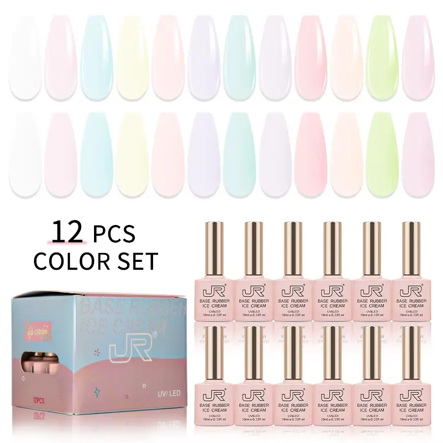 JR 12 colors Ice Cream Rubber Base Gel Nail Polish Set Transparent Pink Rubber Base for Nails, Soak Off LED Nail Gel Manicure Kit DIY at Home Salon Gifts
