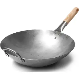 14-Inch Traditional Hand-Hammered Chinese Carbon Steel Wok Pan, Cookware with Wooden and Steel Helper Handle, Round Bottom for Frying on Stove, Hanging-Ready (731W88)