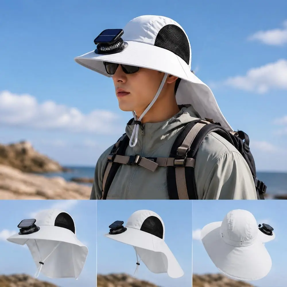 Male Solar Charging Fan Bucket Hat - Waterproof Quick-Drying Fabric, Breathable Mesh Panels, Wide Brim Sunshade, Sunscreen Neck Flap, Ideal for Outdoor Hiking, Fishing