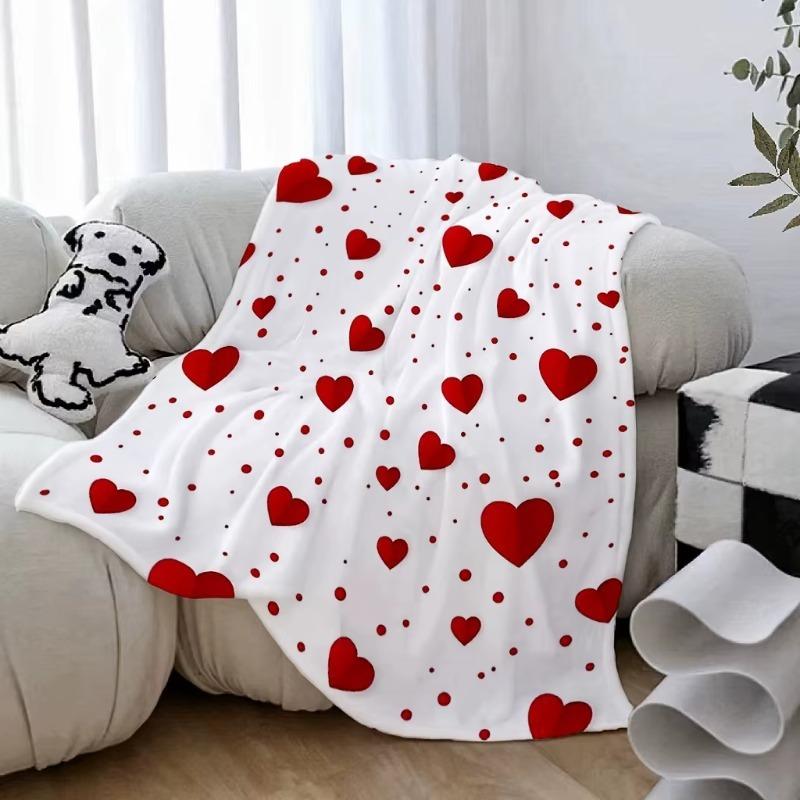 Red Heart Pattern Throw Blanket, Soft Cozy Flannel Blanket, Romantic Home Decor Gift for Couch Bed