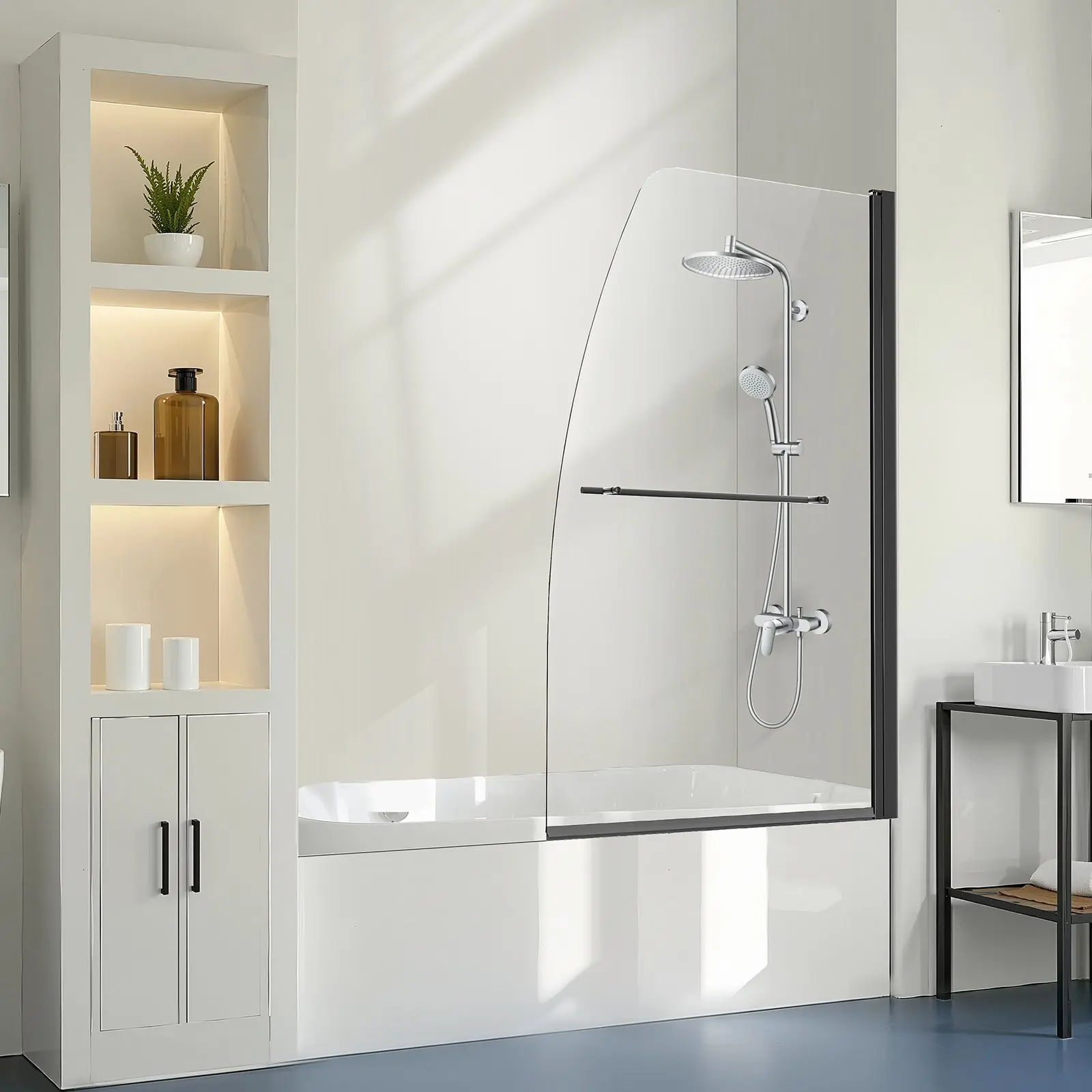 VEVOR Frameless Bathtub Shower Door, 34x55 in, 1/4 in Tempered Glass Bathroom Shower Screen with 180° Rotation, Black Hand Tool for Bathtub Installations