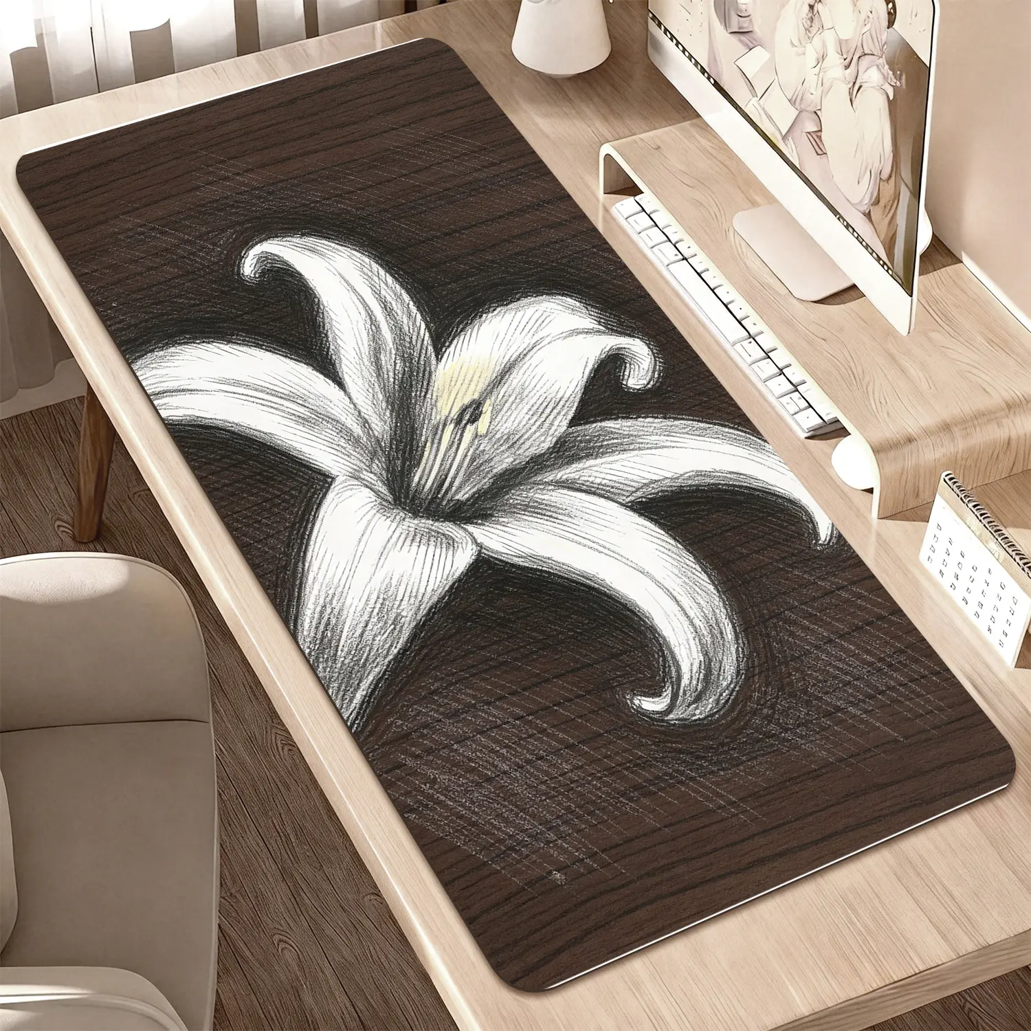 Premium White Lily Flower Sketch On Wood Texture High Quality Mouse PadModern Office Gaming Comfort ExperienceNon?Slip Durable For Daily Work And Play 40*80cm 40*90cm30*70cm