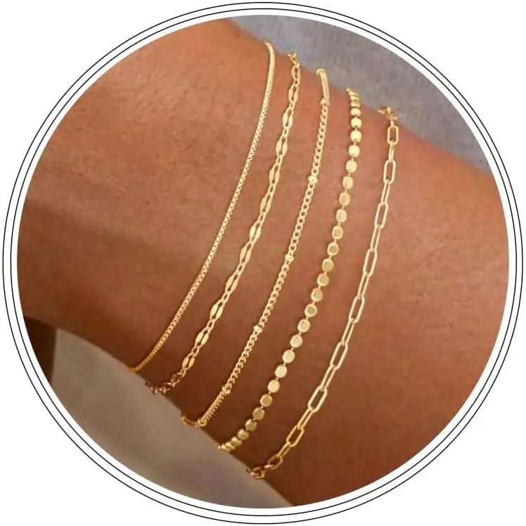 Women's Greenish Dainty Stackable Bracelet Set - Thin Cuban Link-Paperclip Chain, Adjustable Extender, Gold Bracelet Stack, Waterproof, Hypoallergenic, Fashion Wrist Jewelry, Phone Strap Charm Compatible Fashion Gifts